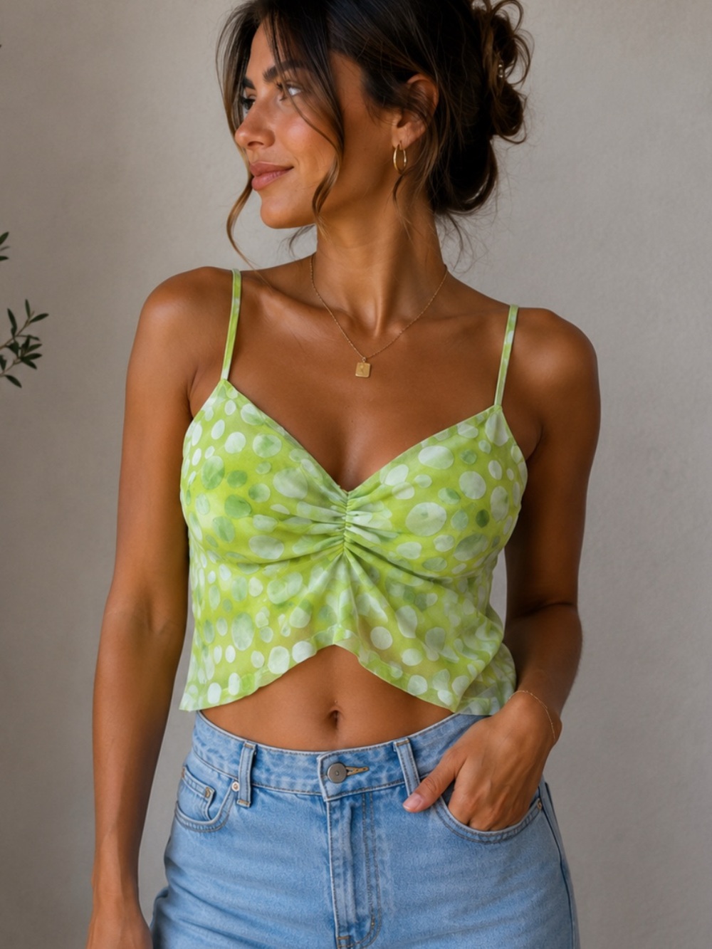 Urban Renewal Lime Green Polka Dot Mesh Crop Camisole